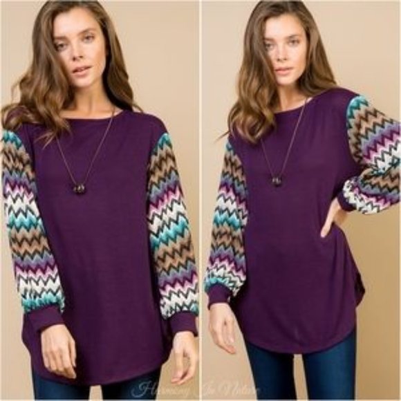 Harmony In Nature Tops - Hacci Chevron Balloon Sleeve Tunic - Size M